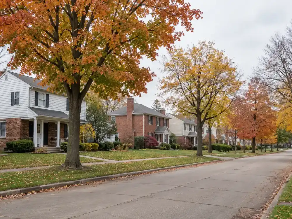 Brick and vinyl-sided houses with front porches beneath autumn trees and an overcast sky