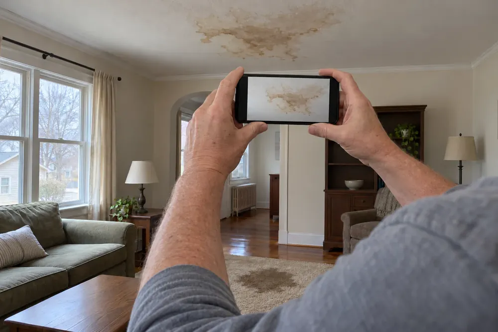 Hands holding a phone to photograph a water-stained ceiling and wet rug