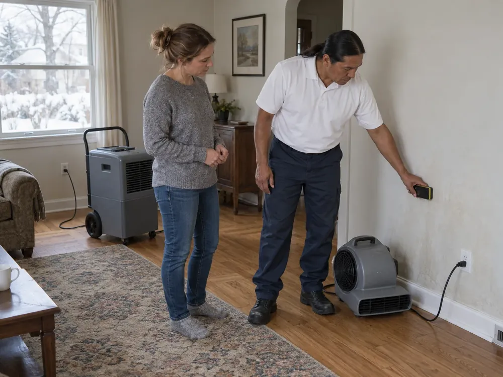 Technician testing a stained wall with a moisture meter while a homeowner watches near drying equipment
