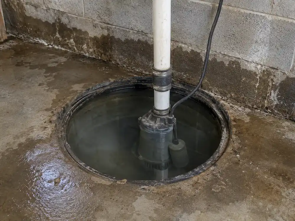 Water fills a sump pit beside a damp block wall with a dark seepage line.