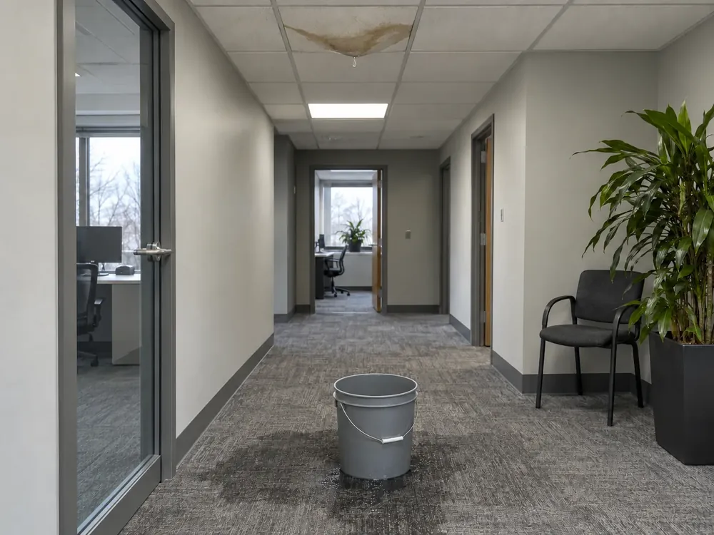 Brown-stained, sagging ceiling tile dripping into a grey bucket on wet carpet in an office corridor