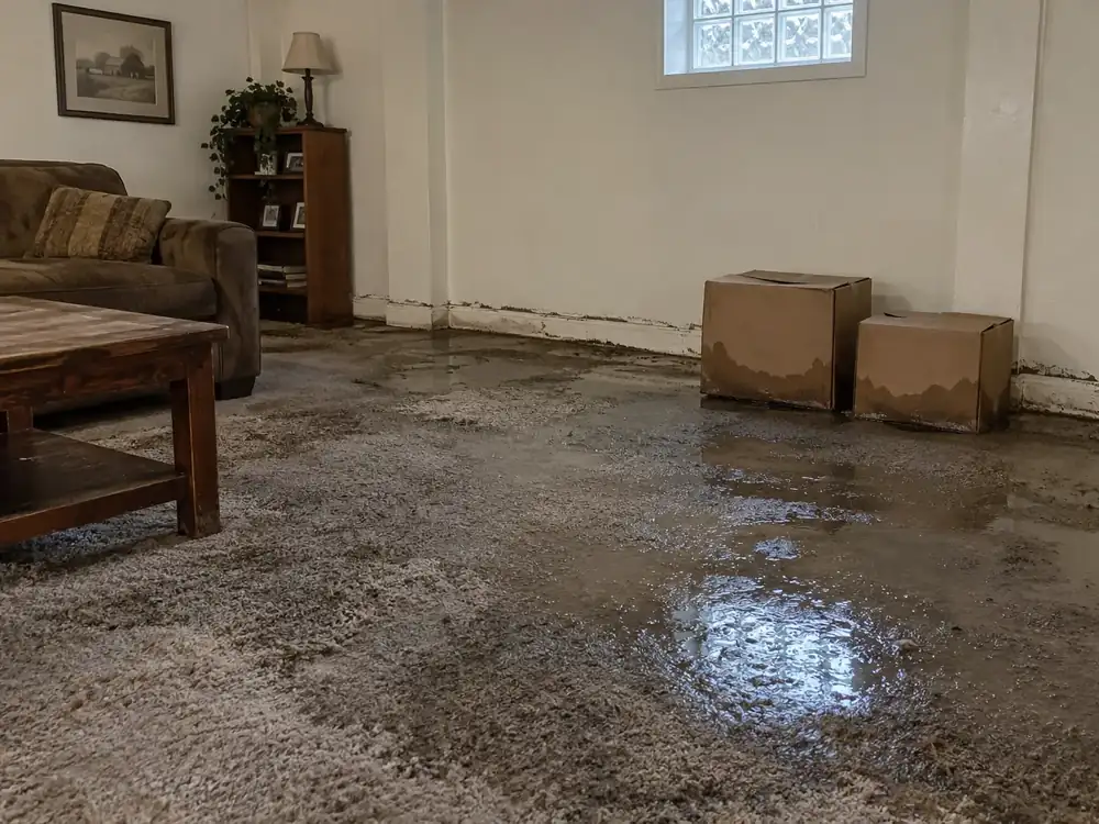 Soaked beige basement carpet with muddy water, silt-lined baseboards and water-stained cardboard boxes
