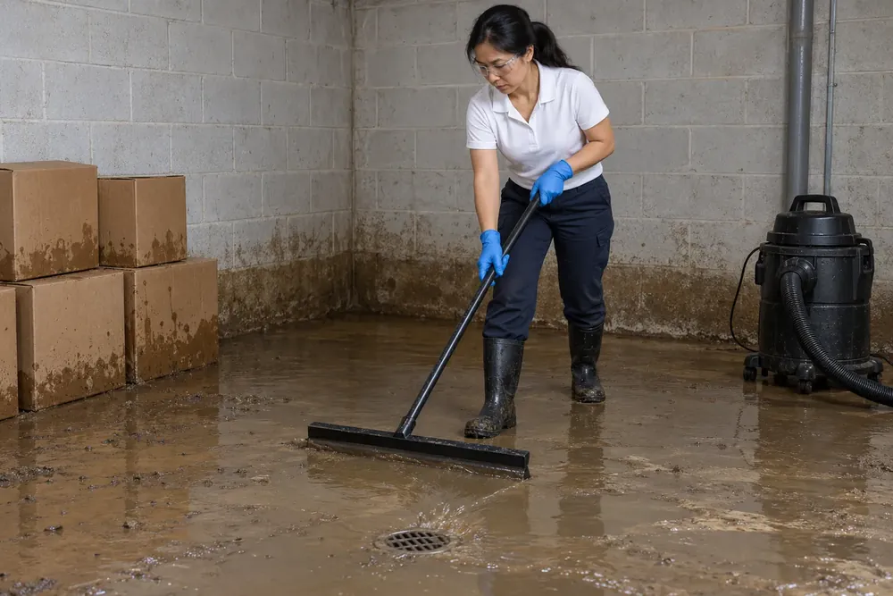 A woman wearing gloves squeegees muddy water past wet boxes toward a floor drain.