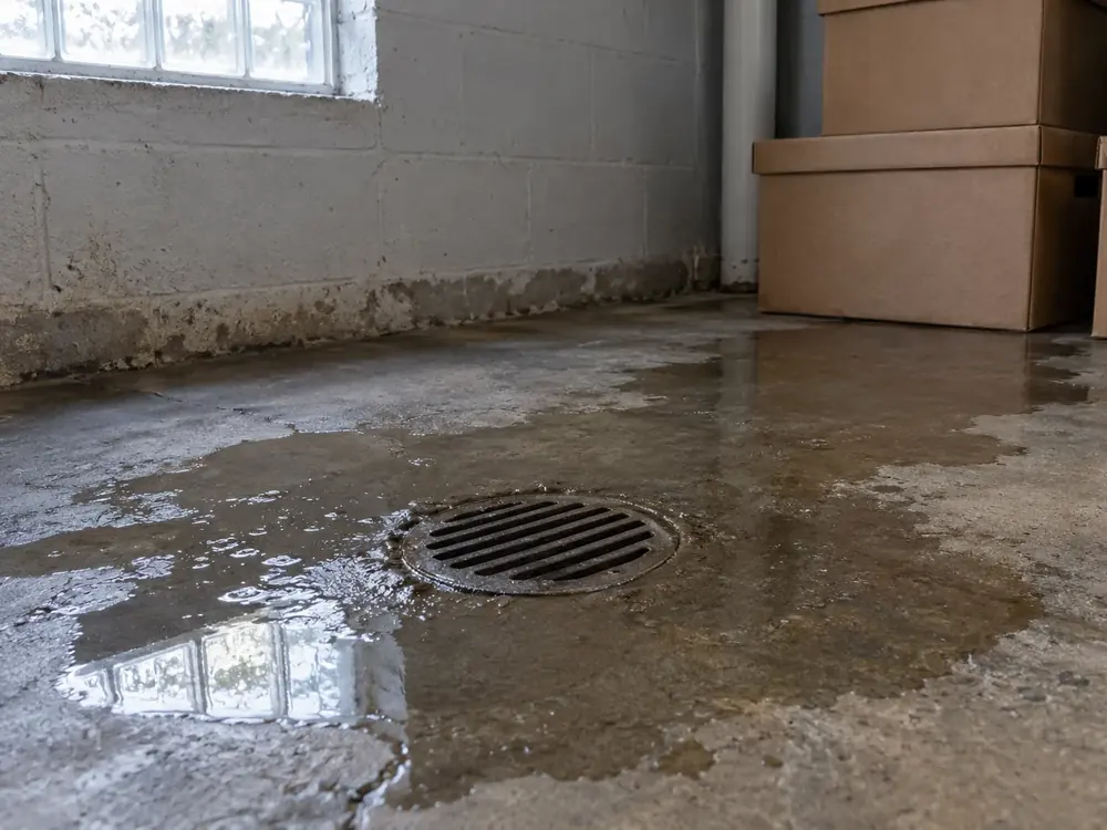 Dark water pooling around a basement floor drain and spreading toward stored boxes