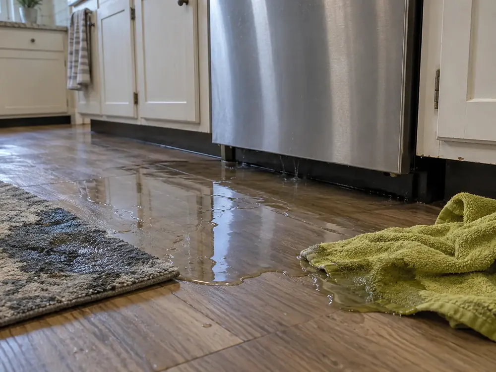 Standing water spreading from beneath a dishwasher across laminate flooring beside a soaked rug.