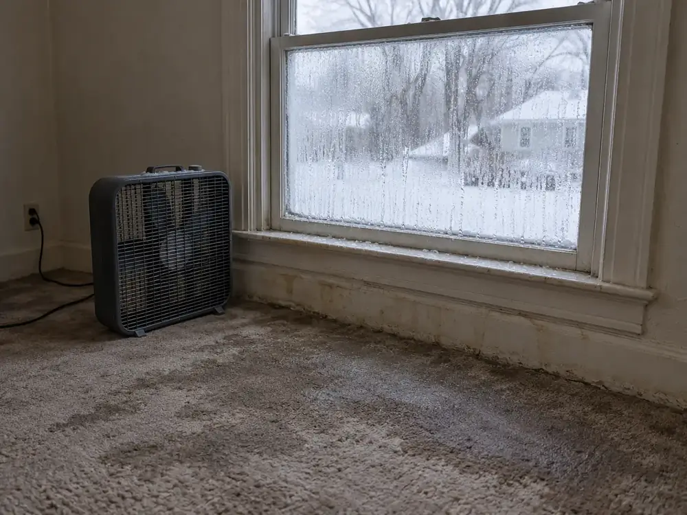 Condensation on a window above damp carpet with a box fan nearby