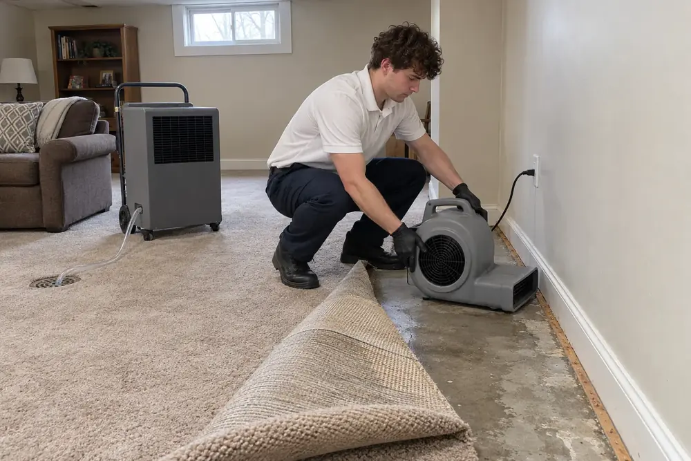 Technician positioning an air mover on bare concrete where wet carpet is folded back, dehumidifier behind