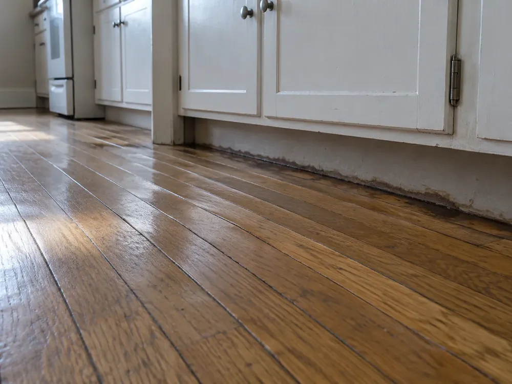 Oak strip floor with dark water staining along the toe-kick of a white sink cabinet