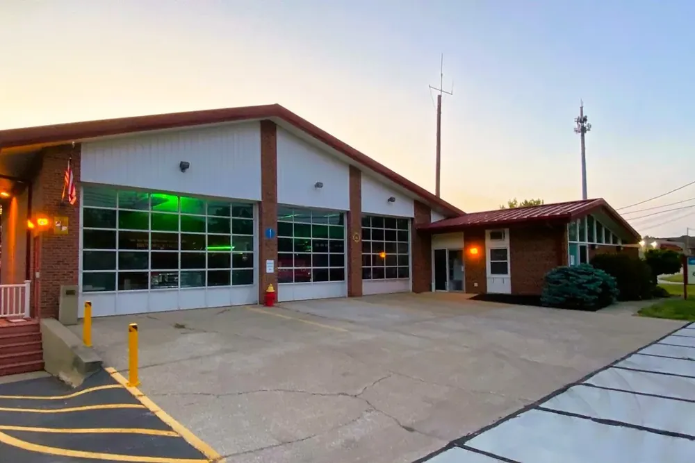 Brunswick Hills fire station and town hall at dusk in Brunswick Hills Township, Ohio