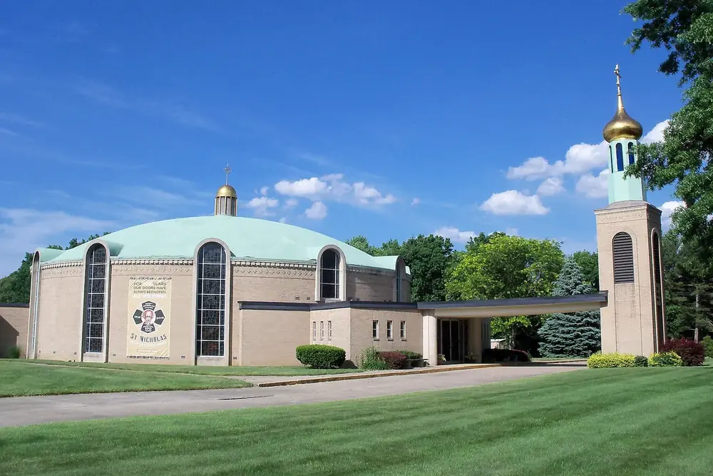 Domed Saint Nicholas Byzantine Catholic Church and its bell tower in Coventry Township, Ohio