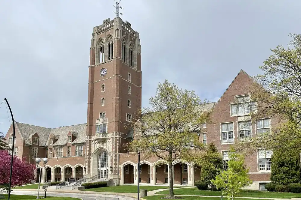 Gothic Revival clock tower of a John Carroll University building in University Heights, Ohio