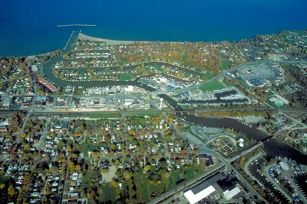 Aerial view of Vermilion's lagoon neighborhoods and the river mouth on Lake Erie, Ohio